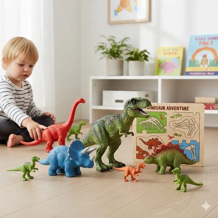 A selection of colourful dinosaur toys for a 4 year old child, including a T-Rex and Triceratops, arranged on a wooden playroom floor. dinosaur toys for 4 year old