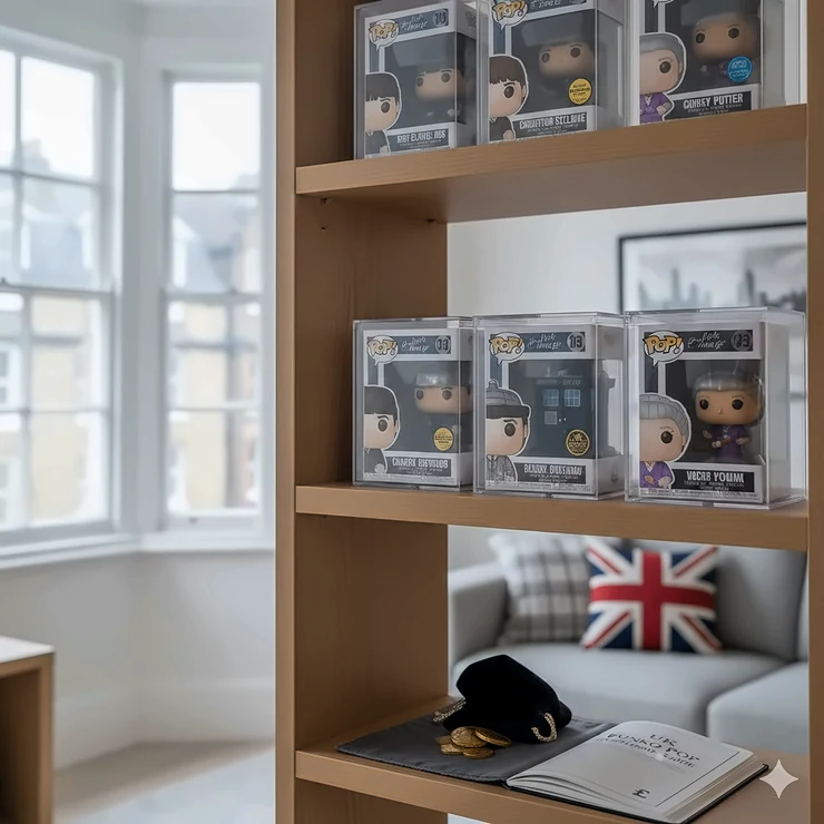 A curated collection of rare vaulted Funko Pop vinyl figures on a wooden shelf in a British home, representing the best Funko Pop investment options for UK collectors. best funko pop investment