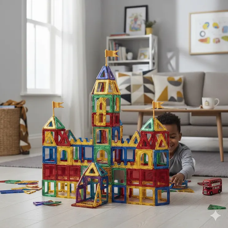 A large, colourful castle built using magnetic building tiles on a wooden floor in a British family living room. magnetic building tiles