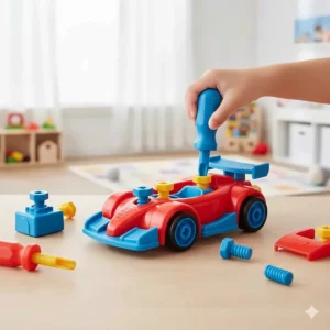 A 4-year-old using a blue plastic toy screwdriver to assemble a red take-apart racing car on a wooden table.