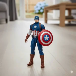 A detailed Captain America action figure standing in a home setting, equipped with his iconic red, white, and blue shield.