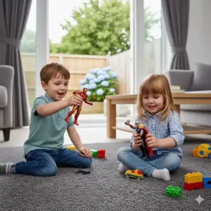 Two children playing together with Marvel superhero figures from the Avengers gift set in a bright, modern British living room.