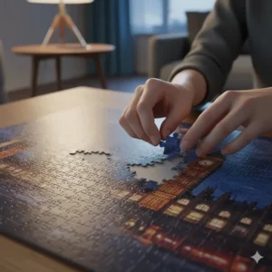 A close-up of a person placing the final piece into a complex 2000 piece jigsaw puzzle featuring the Houses of Parliament.