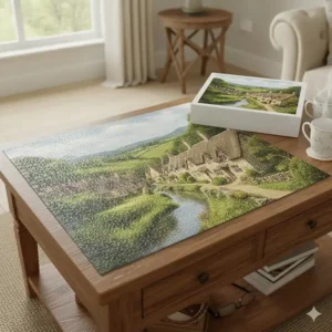 A detailed 2000 piece jigsaw puzzle design featuring a classic stone cottage in a Cotswold village on a coffee table.