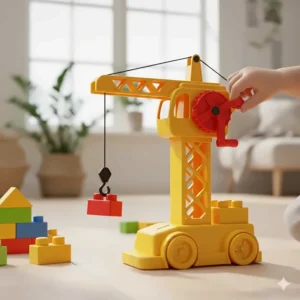 An interactive toy crane with a manual winch, helping a toddler develop hand-eye coordination.