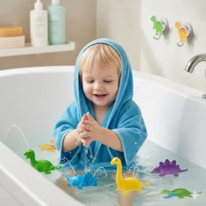 Waterproof floating dinosaur toys and squirters for fun sensory play during bath time.