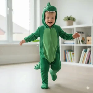 A 4 year old child wearing a green dinosaur onesie costume with a tail and hood for imaginative play.