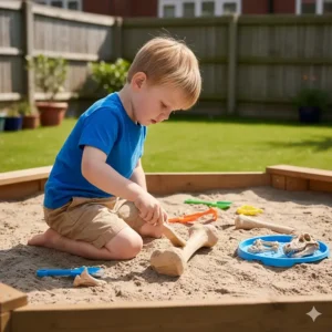 A child using a brush to uncover hidden dinosaur fossils in a garden sandpit.