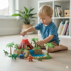 A plastic dinosaur island playset with a volcano, palm trees, and various miniature dinosaur figures.