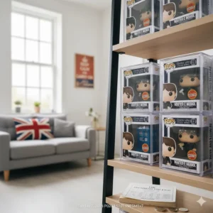 A collection of rare Doctor Who Funko Pop figures on a shelf, demonstrating how iconic British television franchises can become lucrative investments.