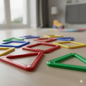 Close-up of smooth-edged, BPA-free magnetic building tiles showing reinforced rivets for safety.