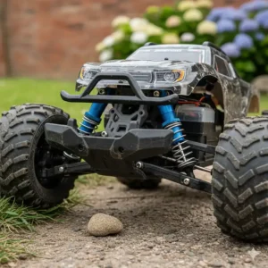 Close-up of a sturdy RC car chassis showing shock absorbers and crash-proof bumpers for 7-year-olds.