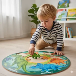 A young child solving a large floor puzzle featuring different dinosaur species with British English labels.