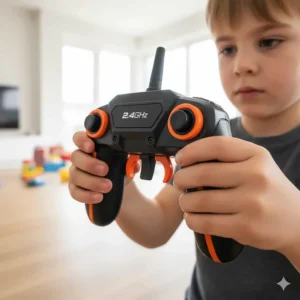 A child-friendly 2.4GHz remote control transmitter designed for a 7-year-old's smaller hands.