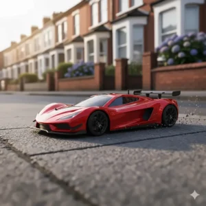 A sleek red remote control racing car showing motion blur on a UK pavement.