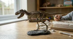 Alt text for image 6: A completed glow-in-the-dark dinosaur skeleton assembled from bones found in an excavation kit.