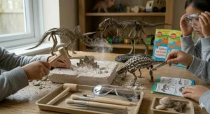 Alt text for image 8: Two primary school aged children working together on a dinosaur excavation activity in a home learning environment.