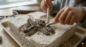 Alt text for image 3: Close-up of a small brush being used to remove dust from a realistic Triceratops skull fossil toy.