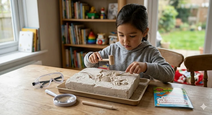 Alt text for image 1: A comprehensive dinosaur excavation kit for kids including a plaster dig brick, hammer, chisel, and brush with a T-Rex fossil. dinosaur excavation kit for kids
