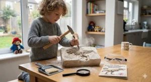 Alt text for image 9: A child wearing protective safety goggles while examining a fossilised dinosaur tooth with a magnifying glass.