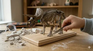 Alt text for image 4: A fossilised Tyrannosaurus Rex skeleton partially revealed inside a sandy dig block for young palaeontologists.