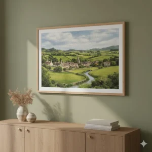 A 2000 piece jigsaw puzzle of a rural British landscape, professionally framed and hung as wall art in a modern home.
