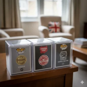Three Funko Pop boxes in protectors featuring UK-specific exclusive stickers from Forbidden Planet and London Comic Con, signifying high investment potential.