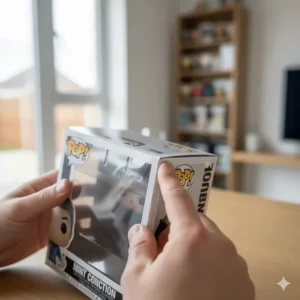 A close-up of a collector's hands inspecting the corners of a Funko Pop box for mint condition quality, essential for high-value British investments.