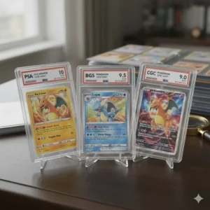 Three Pokémon cards in professional protective grading slabs to demonstrate how authentication increases investment value.