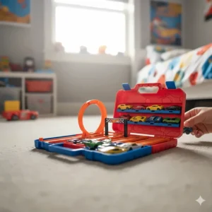 A red and blue Hot Wheels carry case unfolded to reveal internal racing tracks and storage shelves filled with various toy cars.