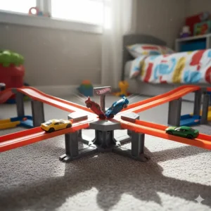A Hot Wheels four-way crash track intersection showing a red and blue car colliding mid-air at the central junction.