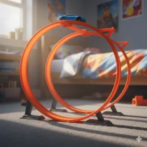 A close-up of a double orange loop-the-loop Hot Wheels stunt track with a blue die-cast car racing along the top section.