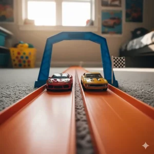 Two Hot Wheels cars, one red and one yellow, racing side-by-side toward a blue finish line gantry with a checkered flag.