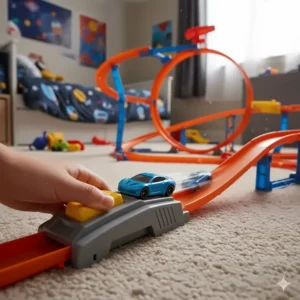 A child's hand pressing a yellow slam launcher to propel a blue Hot Wheels car at high speed along an orange track.