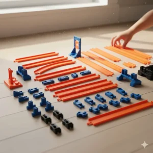 An organised layout of orange Hot Wheels track pieces, blue connectors, and building components on a light wooden floor.