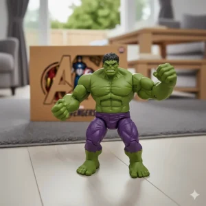 A muscular, green Hulk action figure in a dynamic pose, positioned in front of the eco-friendly Avengers gift set box.