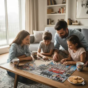 A British family sitting together in a modern living room working on a 2000 piece jigsaw puzzle with tea and biscuits.