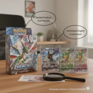A comparison between a sealed Pokémon TCG booster box and individual singles as two different investment strategies.