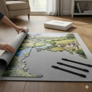 A large grey felt puzzle mat used for storing and rolling up 2000 piece jigsaw puzzles mid-completion.