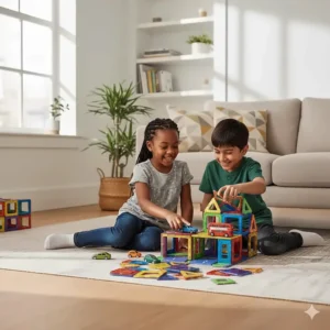 Two primary school aged children sharing a large set of magnetic tiles to build a toy garage for cars.