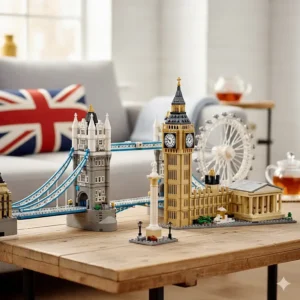 The Lego Architecture London set featuring the Big Ben, London Eye, and Tower Bridge on a wooden table.