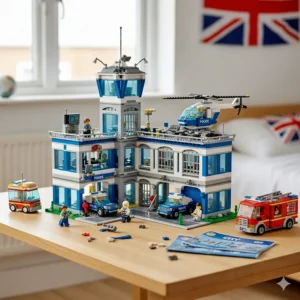 A large Lego City Police Station set with several mini-figures and emergency vehicles.