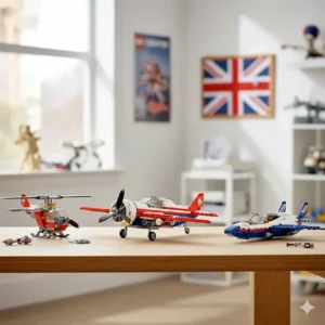 A Lego Creator 3-in-1 set showing the three different builds: a propeller aeroplane, a helicopter, and a jet.