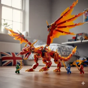 A vibrant Lego Ninjago fire dragon set with ninja mini-figures ready for battle.