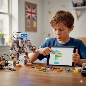 A 10-year-old boy using a tablet to program a Lego robot, highlighting STEM learning and play.
