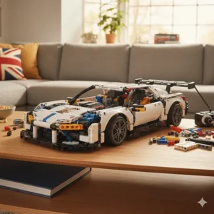A detailed Lego Technic racing car with motorised parts, suitable for an advanced 10-year-old builder.