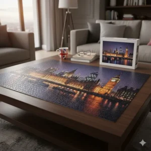 An intricate 2000 piece jigsaw puzzle of the London skyline at night, featuring Big Ben and a Union Jack mug.