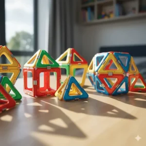 An array of 3D geometric shapes including pyramids and cubes created with magnetic building tiles.