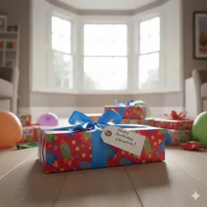 A boxed set of magnetic building tiles wrapped in birthday paper, ideal for creative UK kids.