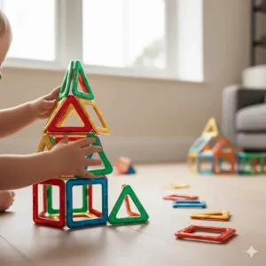 Colourful magnetic building tiles being used by a child to create a 3D tower structure.